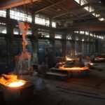 Workers at an aluminum smelter industrial facility