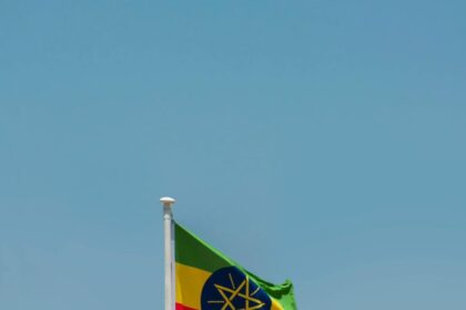 Ethiopian national flag elegantly swaying on a flagpole against a clear blue sky in Addis Ababa.