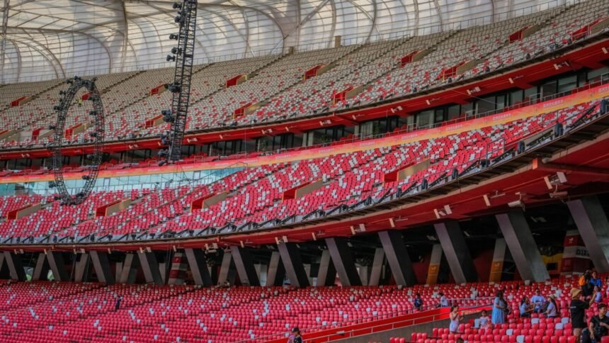 Spacious view of empty modern stadium seats at a Beijing venue captured by X-T30.