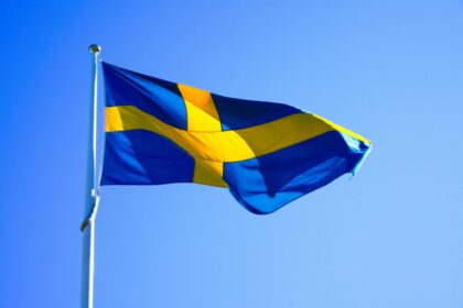 Bright Swedish flag waving on a clear day with blue sky.