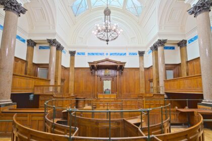 Interior view of the historic courtroom in St George's Hall, Liverpool, showcasing elegant architecture.