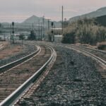 Curving railway tracks stretch across a scenic landscape under a clear sky. Captured outdoors.