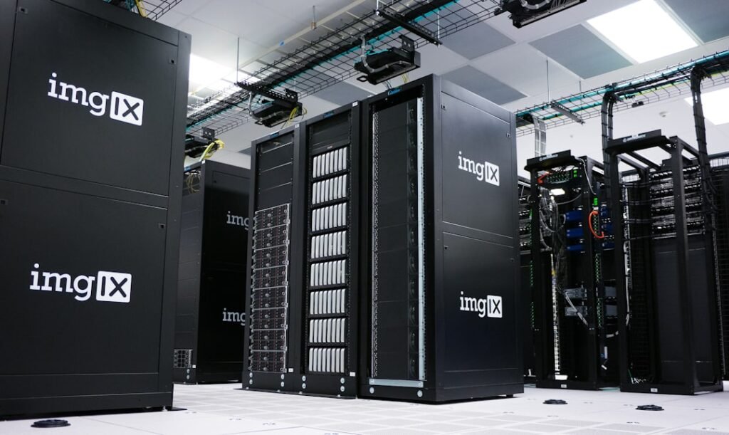 Modern data center server infrastructure with blinking lights