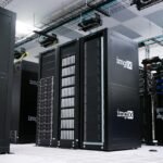 Modern data center server infrastructure with blinking lights