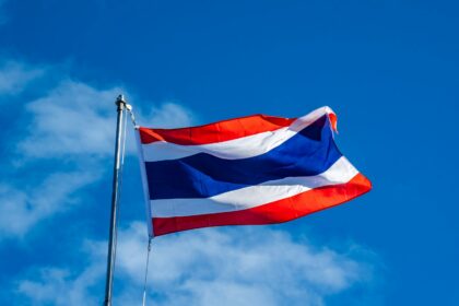 a red, white and blue flag flying in the wind