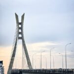 A very tall bridge over a large body of water