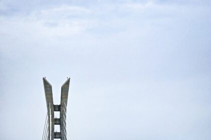 A very tall bridge over a large body of water