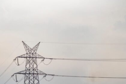 Electric tower in a marshland with a factory in the distance, creating a mix of nature and industry.