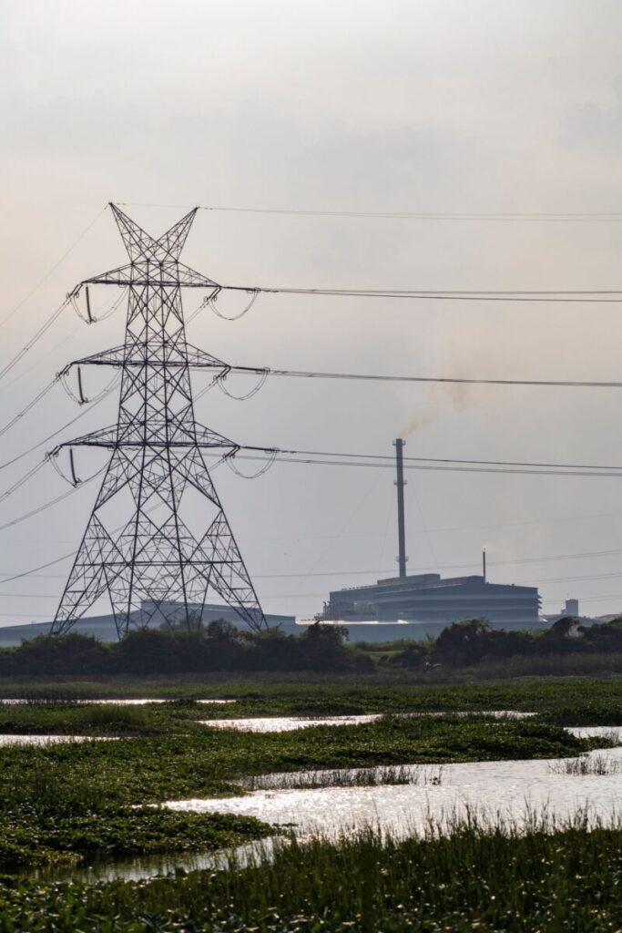 Electric tower in a marshland with a factory in the distance, creating a mix of nature and industry.