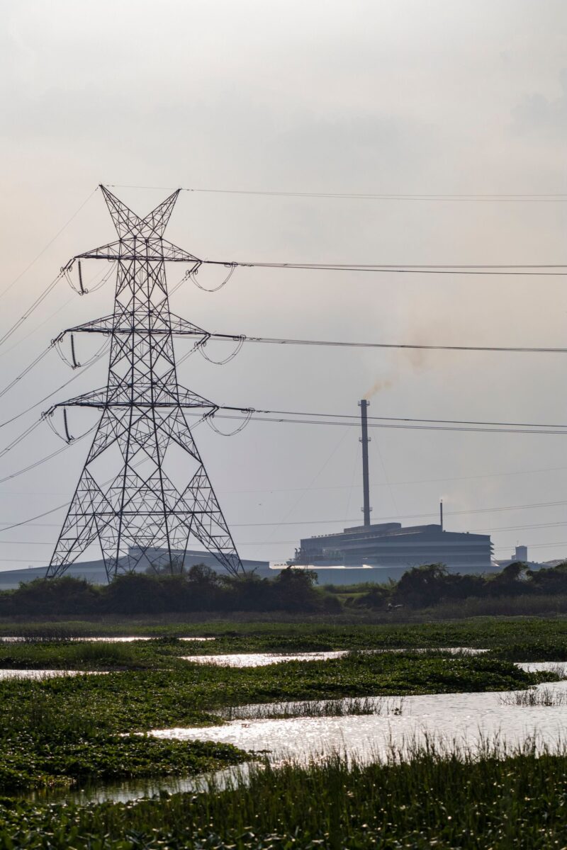 Electric tower in a marshland with a factory in the distance, creating a mix of nature and industry.