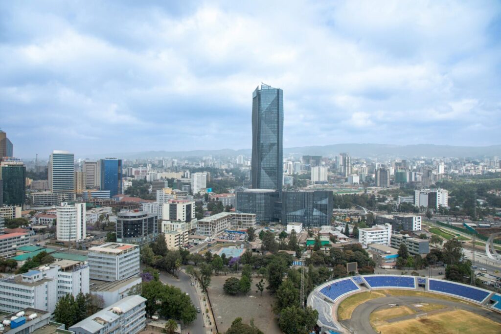 Stunning aerial view of the Addis Ababa skyline featuring a prominent skyscraper.
