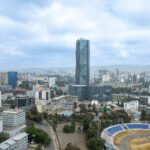 Stunning aerial view of the Addis Ababa skyline featuring a prominent skyscraper.